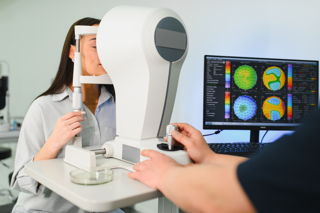 Ophthalmologist performing a retinal exam in clinic