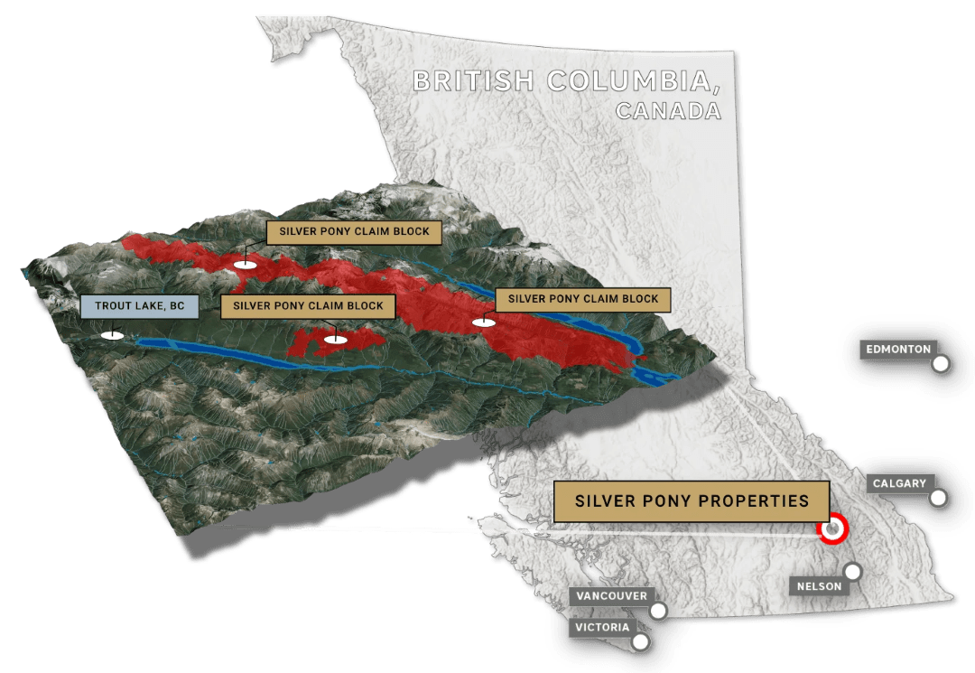 Silver Pony Properties location map, Lardeau Mining District, British Columbia