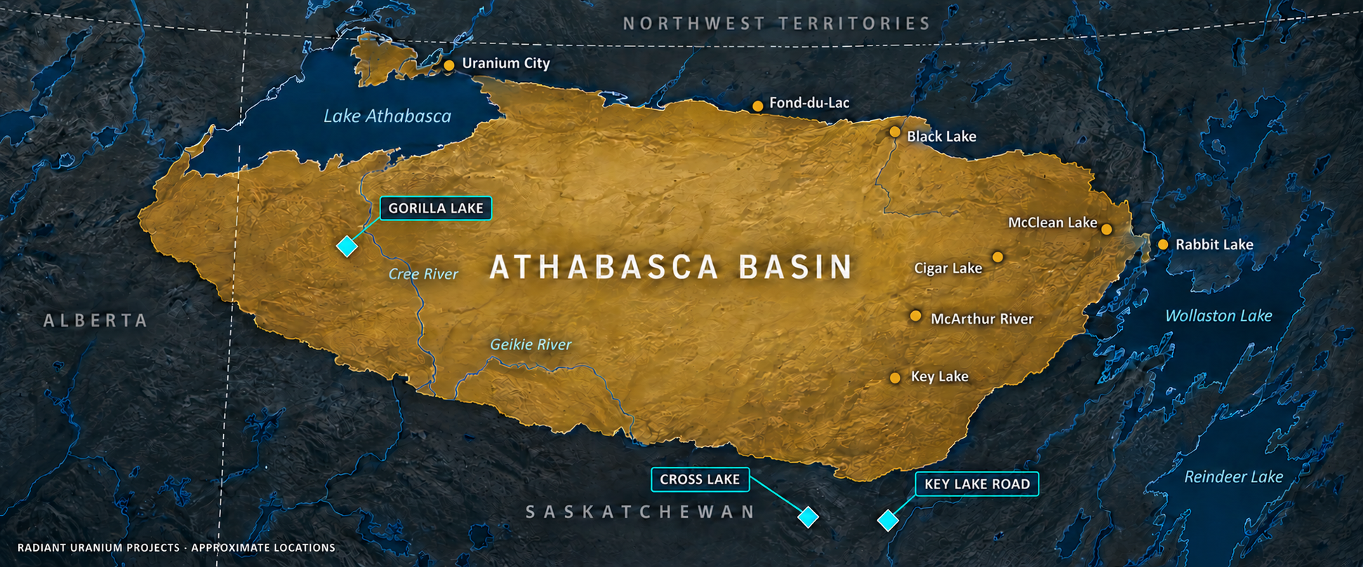 Map showing approximate locations of Radiant Uranium's Cross Lake, Gorilla Lake and Key Lake Road uranium projects in Saskatchewan
