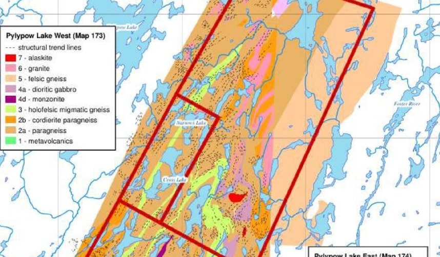 Regional geology map, Pylypow Lake West (Map 173), showing Narrows Lake and Cross Lake